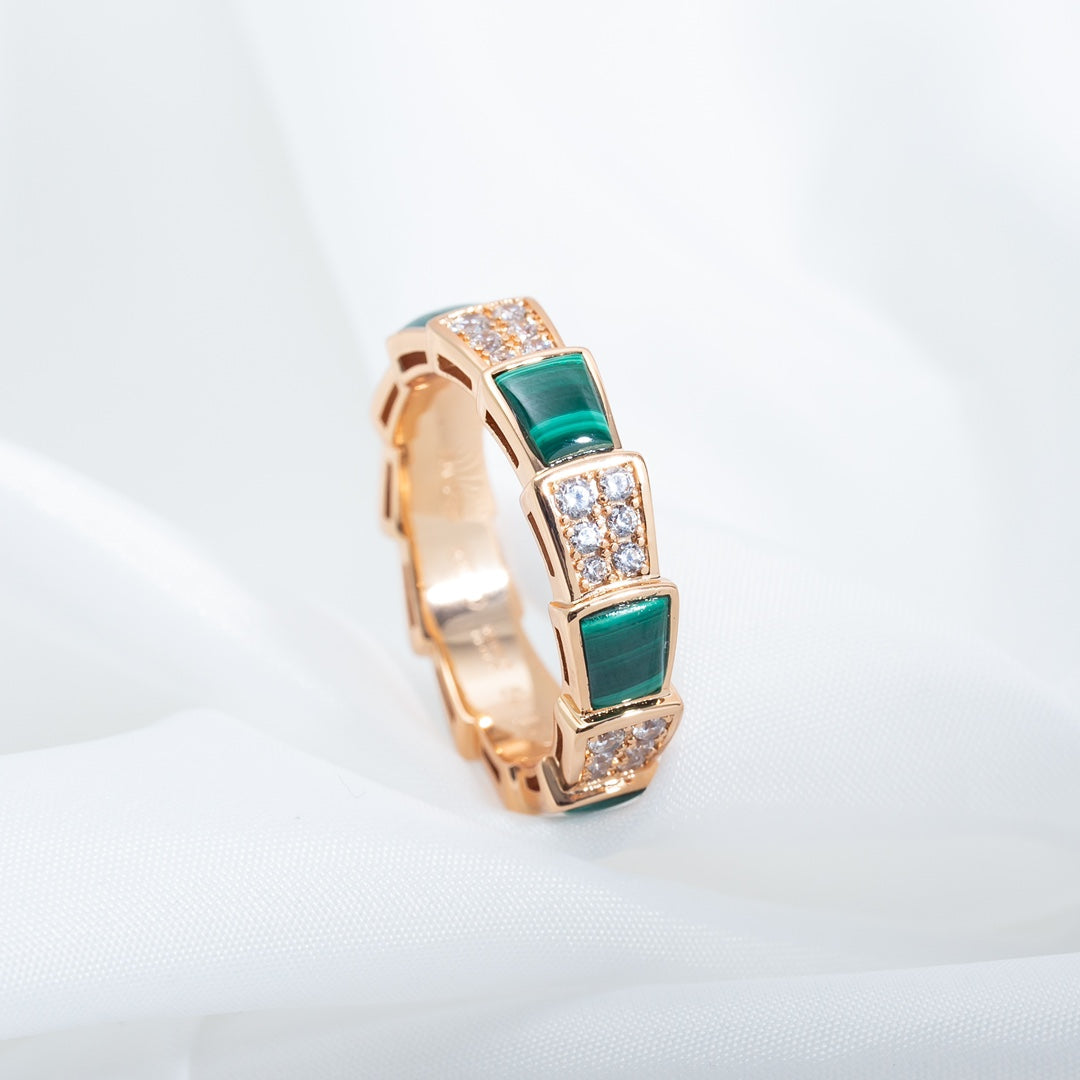 [vivabelle]SERPENTI RING PINK GOLD MALACHITE DIAMOND PAVED 4MM