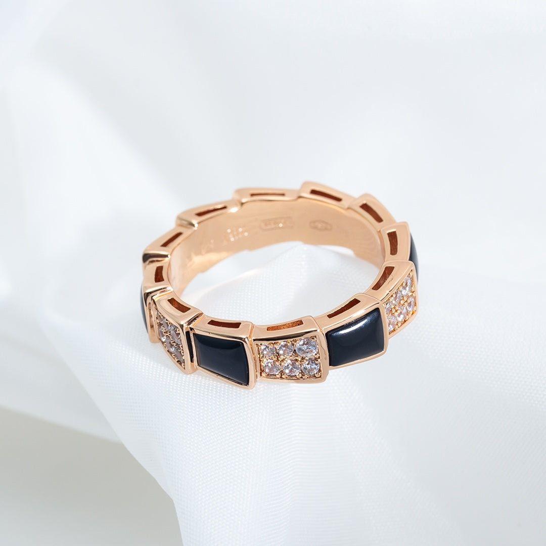 [vivabelle]SERPENTI RING PINK GOLD BLACK MOP DIAMOND PAVED 4MM