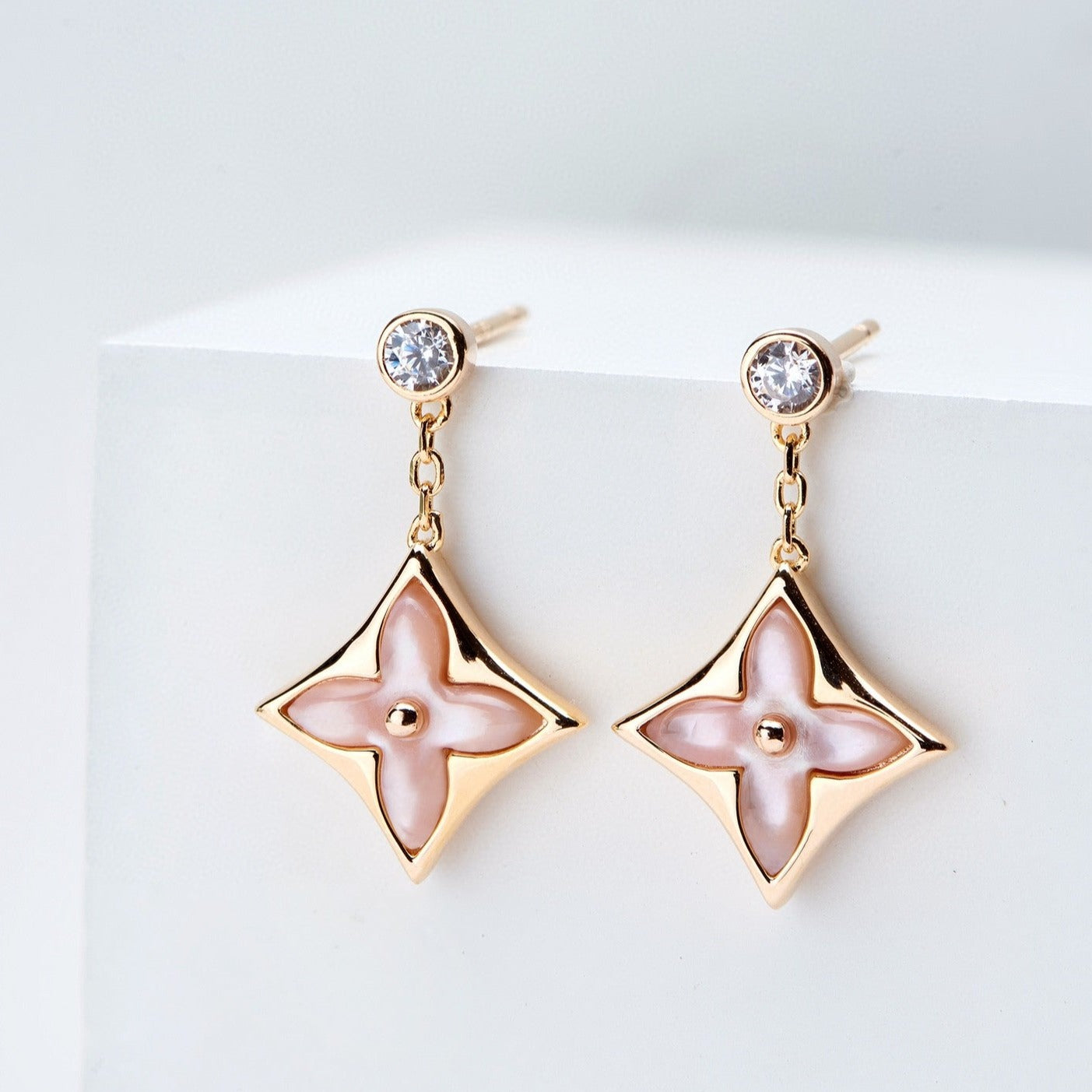 [vivabelle]DOUBLE STAR PINK GOLD MOP DROP EARRINGS