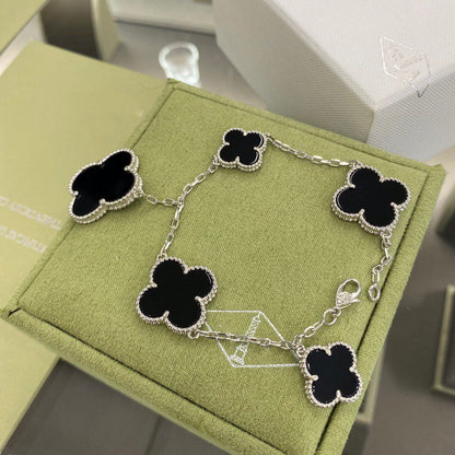 [vivabelle]CLOVER 5 MOTIFS SIVLER ONYX BRACELET