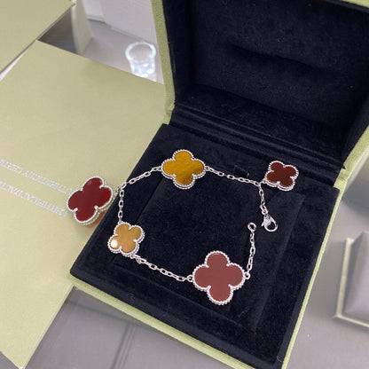 [vivabelle]CLOVER 5 MOTIFS SIVLER CARNELIAN TIGER EYE BRACELET