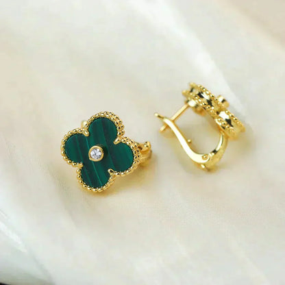 [vivabelle]CLOVER MEDIUM 1 MOTIFS MALACHITE DIAMOND EARRINGS