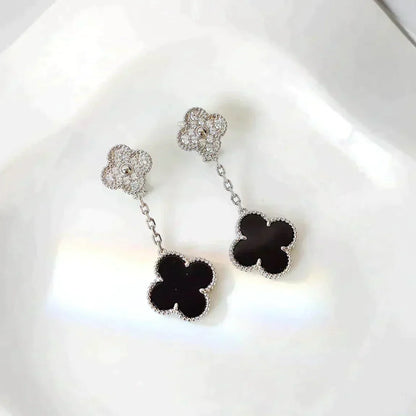 [vivabelle]CLOVER 2 MOTIFS  DIAMOND ONYX EARRINGS SILVER