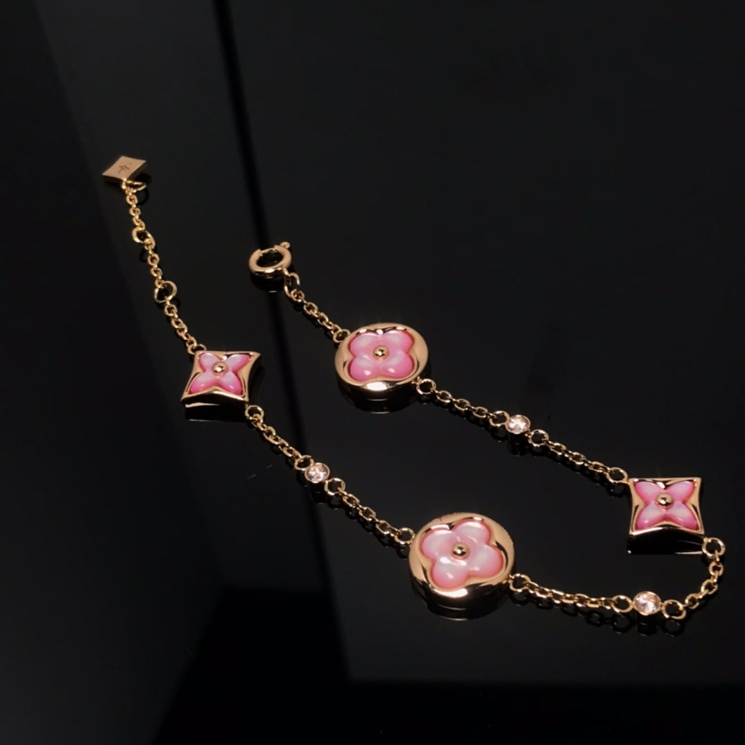 [vivabelle]STAR AND SUN 4 MOTIF PINK MOP PINK GOLD BRACELET