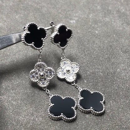 [vivabelle]CLOVER 3 MOTIF DIAMOND ONYX SILVER EARRINGS