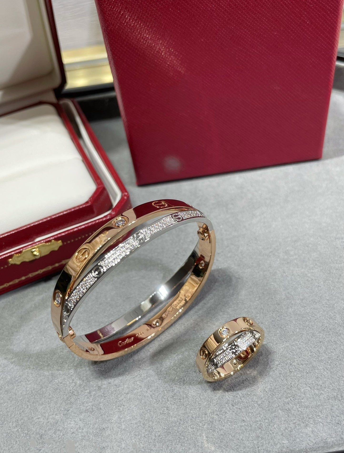 [vivabelle]LOVE PINK GOLD SILVER DIAMOND DOUBLE RING