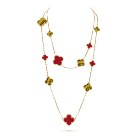 [vivabelle]CLOVER 16 MOTIF CARNELIAN TIGER EYE ROSE GOLD NECKLACE