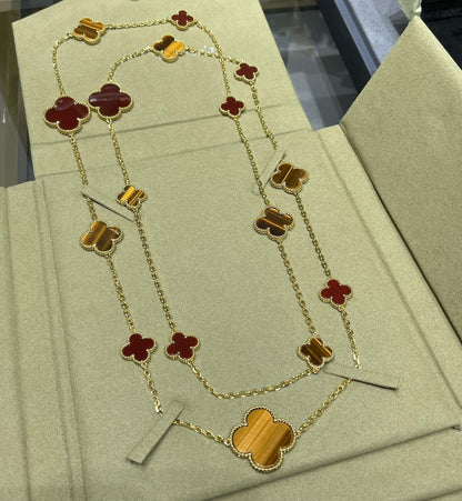[vivabelle]CLOVER 16 MOTIF CARNELIAN TIGER EYE ROSE GOLD NECKLACE