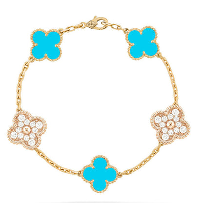 [vivabelle]CLOVER 5 MOTIF TURQUOISE DIAMOND GOLD BRACELET