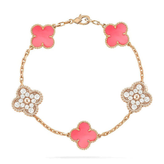 [vivabelle]CLOVER 5 MOTIF DIAMOND PINK MOP PINK GOLD BRACELET