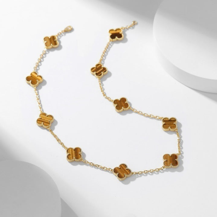 [vivabelle]CLOVER 10 MOTIFS TIGER EYE NECKLACE