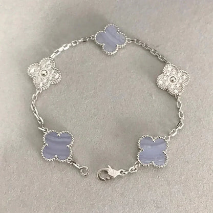 [vivabelle]CLOVER  5 MOTIF DIAMOND PURPLE CHALCEDONY BRACELET SILVER