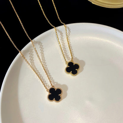 [vivabelle]CLOVER 15MM BLACK ONYX SINGLE FLOWER NECKLACE