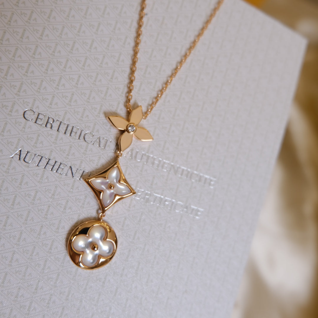 [vivabelle]COLOR BLOSSOM LARIAT NECKLACE PINK GOLD WHITE MOTHER PEARL AND DIAMOND