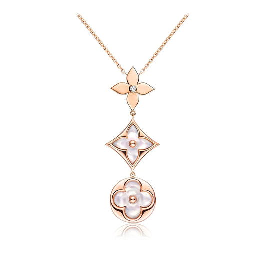 [vivabelle]COLOR BLOSSOM LARIAT NECKLACE PINK GOLD WHITE MOTHER PEARL AND DIAMOND