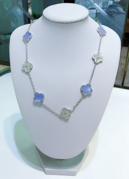 [vivabelle]CLOVER 10 MOTIFS CHALCEDONY DIAMONDS SILVER NECKLACE